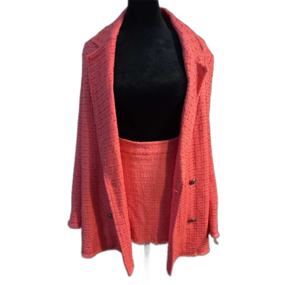 Coral Pink Tweed Blazer & Mini Skirt Co-Ord Set — Gold Buttons, New With Tags